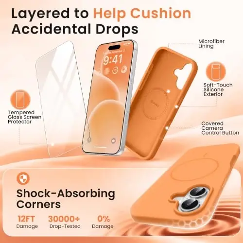 GONEZ Magnetic for iPhone 16 Case, Silicone Cover Orange | Compatible with MagSafe, Camera Button & Screen Protector, Microfiber Lining, 3 Layers Soft Gel Rubber Shockproof Slim 6.1