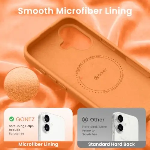 GONEZ Magnetic for iPhone 16 Case, Silicone Cover Orange | Compatible with MagSafe, Camera Button & Screen Protector, Microfiber Lining, 3 Layers Soft Gel Rubber Shockproof Slim 6.1