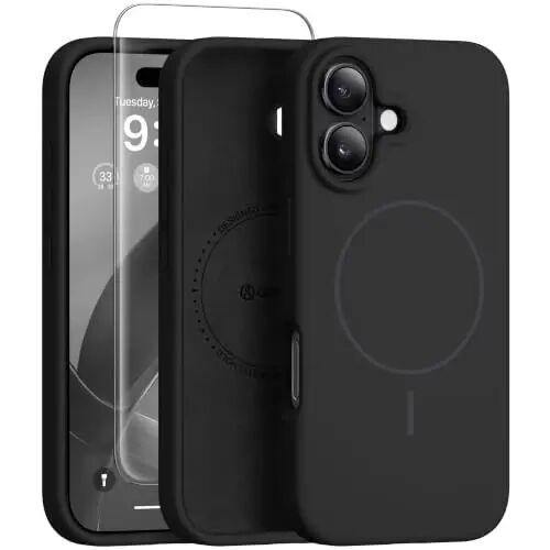 GONEZ Magnetic for iPhone 16 Plus Case, Silicone Cover Black | Compatible with MagSafe, Camera Button & Screen Protector, Microfiber Lining, 3 Layers Soft Gel Rubber Shockproof Slim 6.7