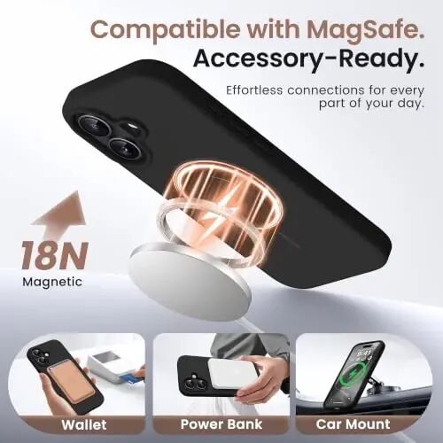 GONEZ Magnetic for iPhone 16 Plus Case, Silicone Cover Black | Compatible with MagSafe, Camera Button & Screen Protector, Microfiber Lining, 3 Layers Soft Gel Rubber Shockproof Slim 6.7