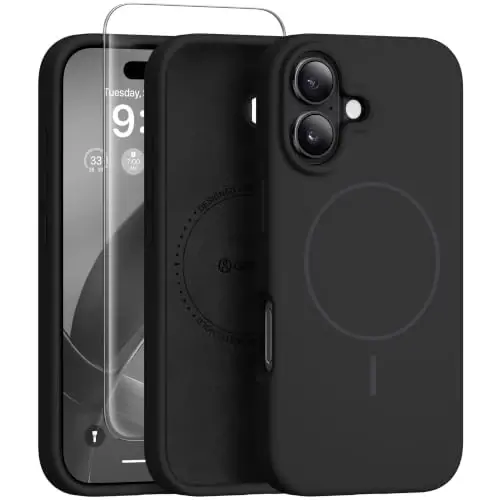 GONEZ Magnetic for iPhone 16 Plus Case, Silicone Cover Black | Compatible with MagSafe, Camera Button & Screen Protector, Microfiber Lining, 3 Layers Soft Gel Rubber Shockproof Slim 6.7