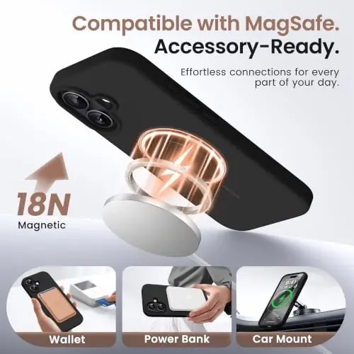 GONEZ Magnetic for iPhone 16 Plus Case, Silicone Cover Black | Compatible with MagSafe, Camera Button & Screen Protector, Microfiber Lining, 3 Layers Soft Gel Rubber Shockproof Slim 6.7
