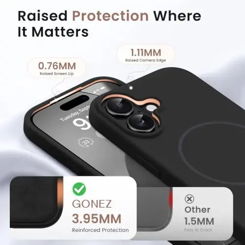 GONEZ Magnetic for iPhone 16 Plus Case, Silicone Cover Black | Compatible with MagSafe, Camera Button & Screen Protector, Microfiber Lining, 3 Layers Soft Gel Rubber Shockproof Slim 6.7