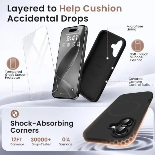 GONEZ Magnetic for iPhone 16 Plus Case, Silicone Cover Black | Compatible with MagSafe, Camera Button & Screen Protector, Microfiber Lining, 3 Layers Soft Gel Rubber Shockproof Slim 6.7