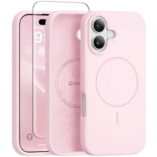 GONEZ Magnetic for iPhone 16 Plus Case, Silicone Cover Chalk Pink | Compatible with MagSafe, Camera Button & Screen Protector, Microfiber Lining, 3 Layers Soft Gel Rubber Shockproof Slim 6.7