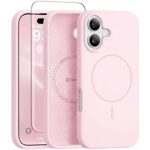 GONEZ Magnetic for iPhone 16 Plus Case, Silicone Cover Chalk Pink | Compatible with MagSafe, Camera Button & Screen Protector, Microfiber Lining, 3 Layers Soft Gel Rubber Shockproof Slim 6.7