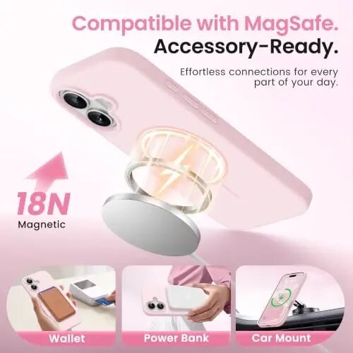 GONEZ Magnetic for iPhone 16 Plus Case, Silicone Cover Chalk Pink | Compatible with MagSafe, Camera Button & Screen Protector, Microfiber Lining, 3 Layers Soft Gel Rubber Shockproof Slim 6.7