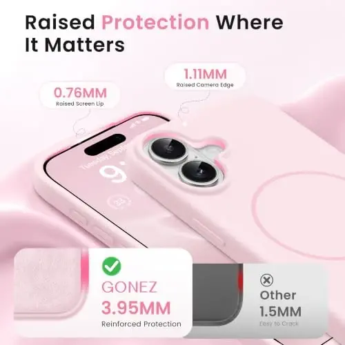GONEZ Magnetic for iPhone 16 Plus Case, Silicone Cover Chalk Pink | Compatible with MagSafe, Camera Button & Screen Protector, Microfiber Lining, 3 Layers Soft Gel Rubber Shockproof Slim 6.7