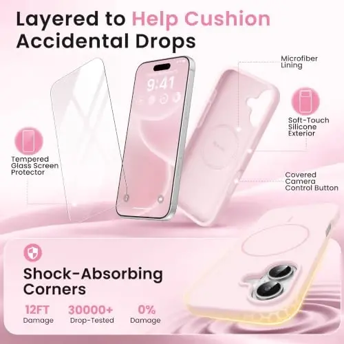GONEZ Magnetic for iPhone 16 Plus Case, Silicone Cover Chalk Pink | Compatible with MagSafe, Camera Button & Screen Protector, Microfiber Lining, 3 Layers Soft Gel Rubber Shockproof Slim 6.7