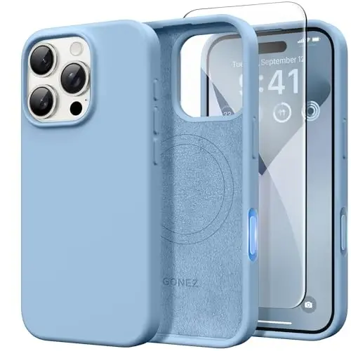 GONEZ Magnetic for iPhone 16 Pro Case, [Compatible with MagSafe] Anti-Scratch Microfiber Lining & Screen Protector, Silicone Camera Control, Shockproof Slim Phone Cover 6.3 inch, Mist Blue 