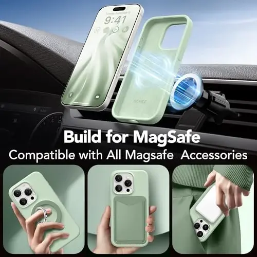 GONEZ Magnetic for iPhone 16 Pro Case, [Compatible with MagSafe] Anti-Scratch Microfiber Lining & Screen Protector, Silicone Camera Control, Shockproof Slim Phone Cover 6.3 inch, Pastel Green - 3