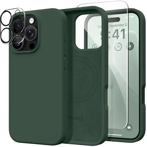 GONEZ Magnetic for iPhone 16 Pro Case, Compatible with MagSafe, [Screen Protector + Camera Lens Protector], Silicone Shockproof Anti-Scratch Protective Phone Case 6.3 inch, Army Green - 1