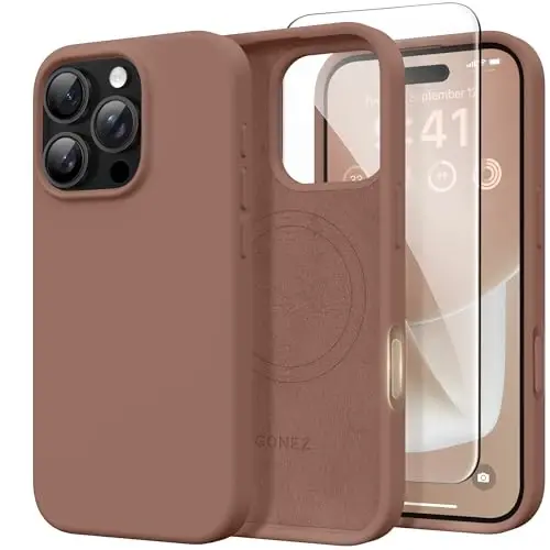 GONEZ Magnetic for iPhone 16 Pro Case, Compatible with MagSafe, [Screen Protector + Camera Lens Protector], Silicone Shockproof Anti-Scratch Protective Phone Case 6.3 inch, Brown - 1