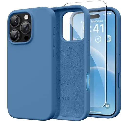 GONEZ Magnetic for iPhone 16 Pro Case, Compatible with MagSafe, [Screen Protector + Camera Lens Protector], Silicone Shockproof Anti-Scratch Protective Phone Case 6.3 inch, Lake Blue - 1
