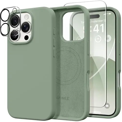 GONEZ Magnetic for iPhone 16 Pro Case, Compatible with MagSafe, [Screen Protector + Camera Lens Protector], Silicone Shockproof Anti-Scratch Protective Phone Case 6.3 inch, Light Green - 1