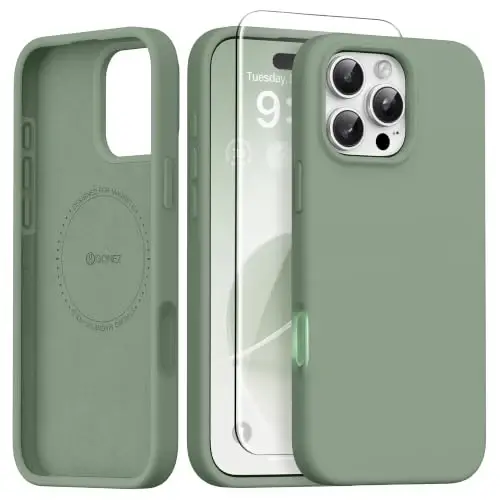 GONEZ Magnetic for iPhone 16 Pro Case, Compatible with MagSafe, [Screen Protector + Camera Lens Protector], Silicone Shockproof Anti-Scratch Protective Phone Case 6.3 inch, Light Green 