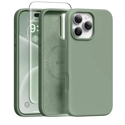 GONEZ Magnetic for iPhone 16 Pro Case, Compatible with MagSafe, [Screen Protector + Camera Lens Protector], Silicone Shockproof Anti-Scratch Protective Phone Case 6.3 inch, Light Green 