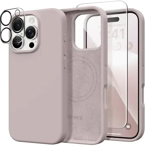 GONEZ Magnetic for iPhone 16 Pro Case, Compatible with MagSafe, [Screen Protector + Camera Lens Protector], Silicone Shockproof Anti-Scratch Protective Phone Case 6.3 inch, Light Taro - 1