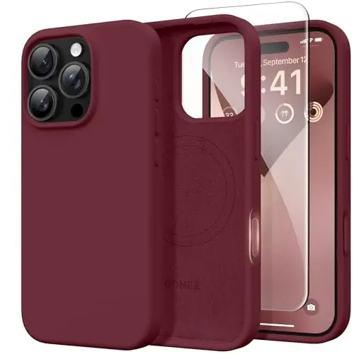 GONEZ Magnetic for iPhone 16 Pro Case, Compatible with MagSafe, [Screen Protector + Camera Lens Protector], Silicone Shockproof Anti-Scratch Protective Phone Case 6.3 inch, Maroon 