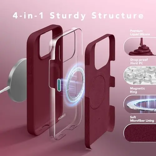 GONEZ Magnetic for iPhone 16 Pro Case, Compatible with MagSafe, [Screen Protector + Camera Lens Protector], Silicone Shockproof Anti-Scratch Protective Phone Case 6.3 inch, Maroon - 5
