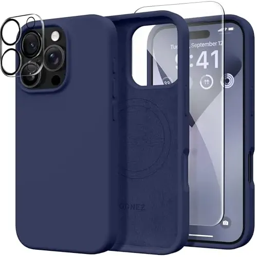 GONEZ Magnetic for iPhone 16 Pro Case, Compatible with MagSafe, [Screen Protector + Camera Lens Protector], Silicone Shockproof Anti-Scratch Protective Phone Case 6.3 inch, Midnight Blue 