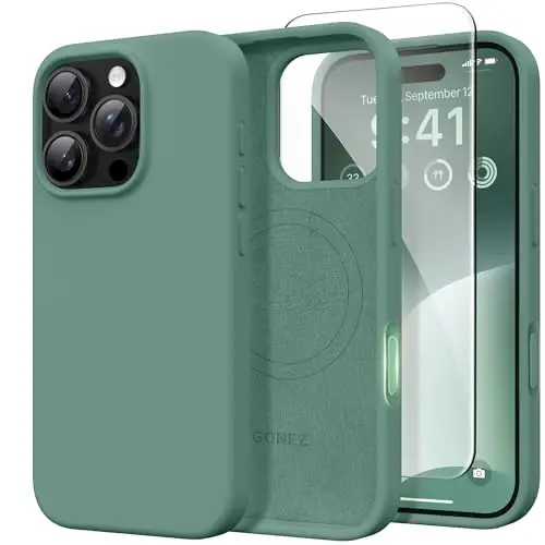 GONEZ Magnetic for iPhone 16 Pro Case, Compatible with MagSafe, [Screen Protector + Camera Lens Protector], Silicone Shockproof Anti-Scratch Protective Phone Case 6.3 inch, Midnight Green 