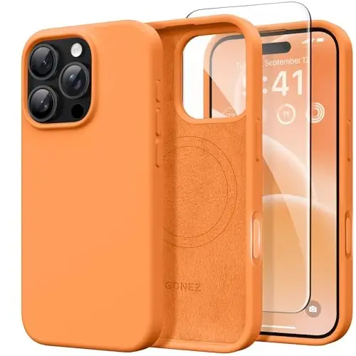 GONEZ Magnetic for iPhone 16 Pro Case, Compatible with MagSafe, [Screen Protector + Camera Lens Protector], Silicone Shockproof Anti-Scratch Protective Phone Case 6.3 inch, Orange - 1