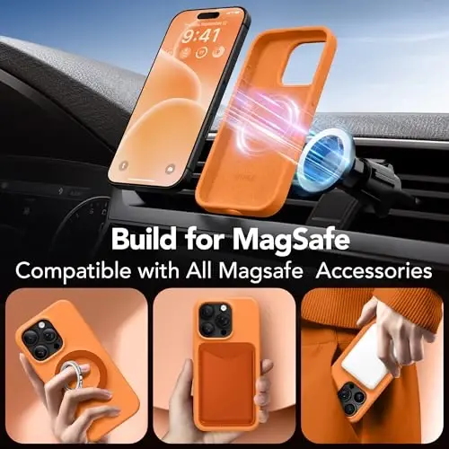 GONEZ Magnetic for iPhone 16 Pro Case, Compatible with MagSafe, [Screen Protector + Camera Lens Protector], Silicone Shockproof Anti-Scratch Protective Phone Case 6.3 inch, Orange - 3