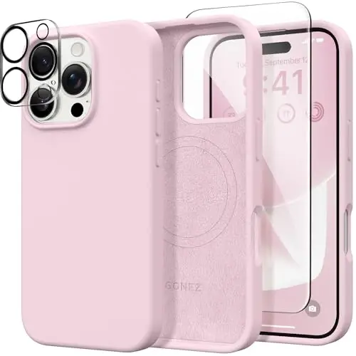 GONEZ Magnetic for iPhone 16 Pro Case, Compatible with MagSafe, [Screen Protector + Camera Lens Protector], Silicone Shockproof Anti-Scratch Protective Phone Case 6.3 inch, Pastel Pink - 1