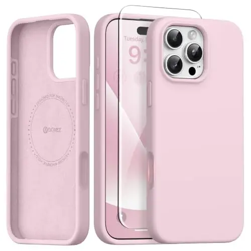GONEZ Magnetic for iPhone 16 Pro Case, Compatible with MagSafe, [Screen Protector + Camera Lens Protector], Silicone Shockproof Anti-Scratch Protective Phone Case 6.3 inch, Pastel Pink 