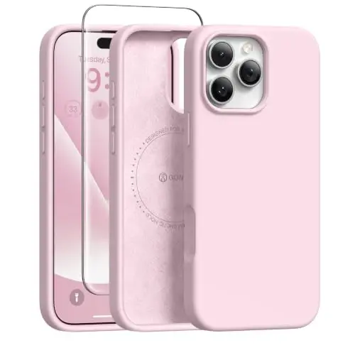 GONEZ Magnetic for iPhone 16 Pro Case, Compatible with MagSafe, [Screen Protector + Camera Lens Protector], Silicone Shockproof Anti-Scratch Protective Phone Case 6.3 inch, Pastel Pink 