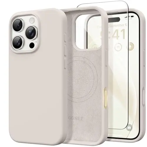 GONEZ Magnetic for iPhone 16 Pro Case, Compatible with MagSafe, [Screen Protector + Camera Lens Protector], Silicone Shockproof Anti-Scratch Protective Phone Case 6.3 inch, Stone - GONEZ