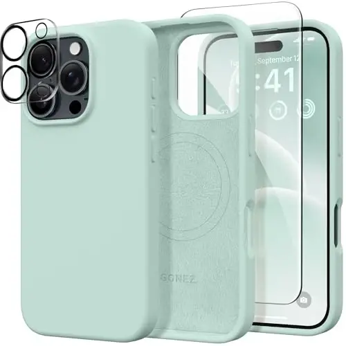 GONEZ Magnetic for iPhone 16 Pro Case, Compatible with MagSafe, [Screen Protector + Camera Lens Protector], Silicone Shockproof Anti-Scratch Protective Phone Case 6.3 inch, Mint Green 