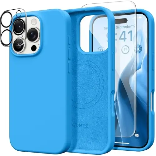 GONEZ Magnetic for iPhone 16 Pro Case, Compatible with MagSafe, [Screen Protector + Camera Lens Protector], Silicone Shockproof Anti-Scratch Protective Phone Case 6.3 inch, Wave Blue 