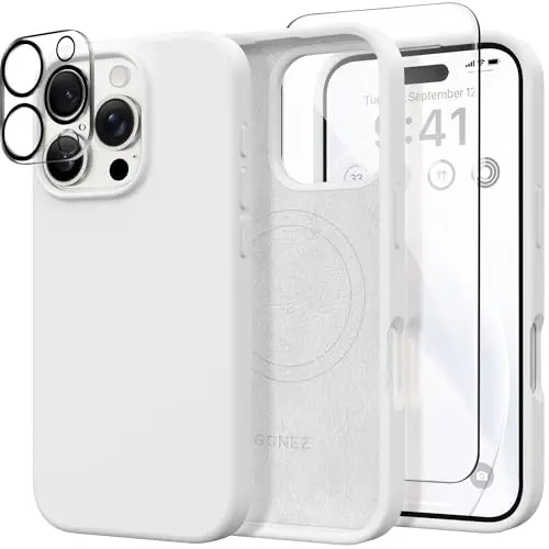 GONEZ Magnetic for iPhone 16 Pro Case, Compatible with MagSafe, [Screen Protector + Camera Lens Protector], Silicone Shockproof Anti-Scratch Protective Phone Case 6.3 inch, White - GONEZ