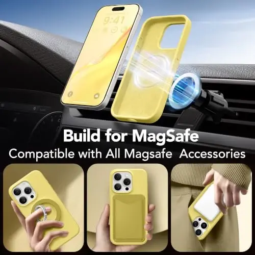 GONEZ Magnetic for iPhone 16 Pro Case, Silicone Cover Yellow | Compatible with MagSafe, Camera Button & Screen Protector, Microfiber Lining, 3 Layers Soft Gel Rubber Shockproof Slim 6.3