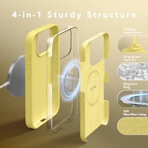 GONEZ Magnetic for iPhone 16 Pro Case, Silicone Cover Yellow | Compatible with MagSafe, Camera Button & Screen Protector, Microfiber Lining, 3 Layers Soft Gel Rubber Shockproof Slim 6.3