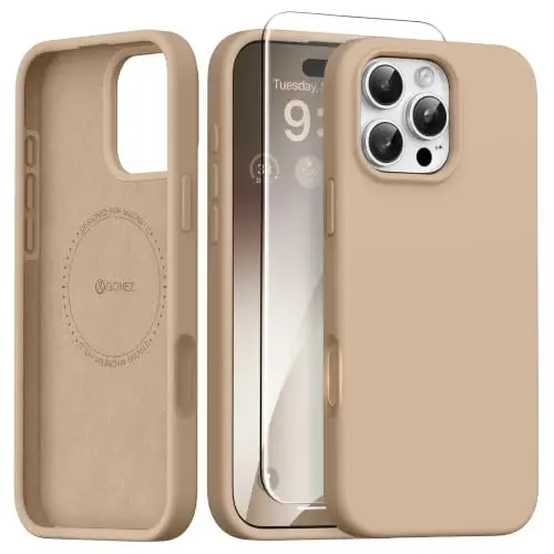 GONEZ Magnetic for iPhone 16 Pro Max Case, [Compatible with MagSafe] Anti-Scratch Microfiber Lining & Screen Protector, Silicone Camera Control, Shockproof Slim Phone Cover 6.9 inch, Light Brown | Compatible with MagSafe, Camera Button & Screen Prote - 1
