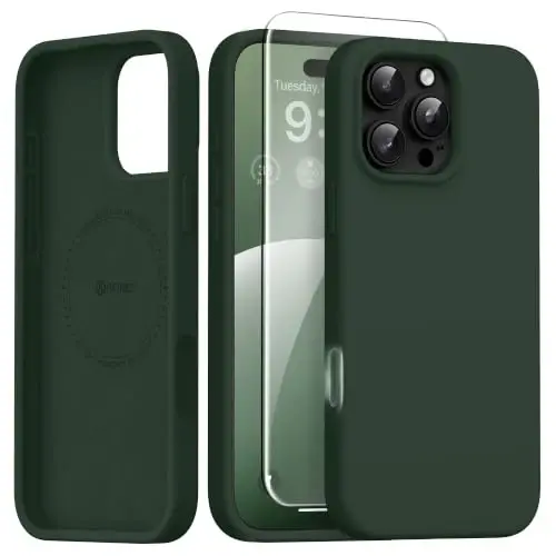 GONEZ Magnetic for iPhone 16 Pro Max Case, [Compatible with MagSafe] Anti-Scratch Microfiber Lining & Screen Protector, Silicone Camera Control, Shockproof Slim Phone Cover 6.9 inch, Dark Green 
