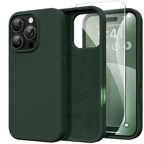 GONEZ Magnetic for iPhone 16 Pro Max Case, [Compatible with MagSafe] Anti-Scratch Microfiber Lining & Screen Protector, Silicone Camera Control, Shockproof Slim Phone Cover 6.9 inch, Dark Green - 1