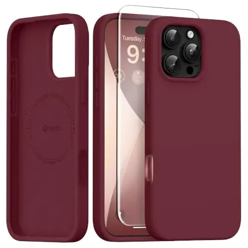 GONEZ Magnetic for iPhone 16 Pro Max Case, [Compatible with MagSafe] Anti-Scratch Microfiber Lining & Screen Protector, Silicone Camera Control, Shockproof Slim Phone Cover 6.9 inch, Maroon - 1