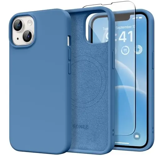 GONEZ Magnetic for iPhone 14 Case, Compatible with Magsafe, with Screen Protector + Camera Protector, Anti-Scratch Microfiber Lining, Liquid Silicone Shockproof Protective Phone Case, Lake Blue 