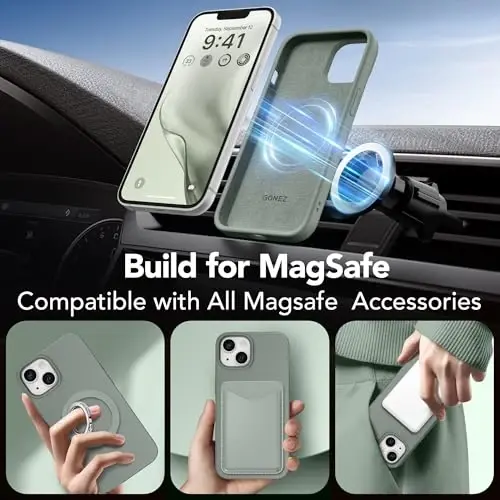 GONEZ Magnetic for iPhone 13 Case & iPhone 14 Case, [Compatible with MagSafe] Anti-Scratch Microfiber Lining & Screen Protector, Shockproof Slim Phone Silicone Cover 6.1 inch, Calke Green - 4