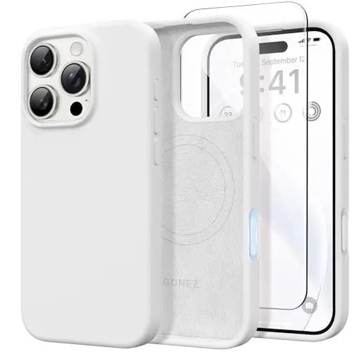 GONEZ Magnetic for iPhone 16 Pro Max Case, [Compatible with MagSafe] Anti-Scratch Microfiber Lining & Screen Protector, Silicone Camera Control, Shockproof Slim Phone Cover 6.9 inch, White 