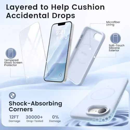 GONEZ Magnetic for iPhone 16e/17e Case, Silicone Cover Baby Blue | Compatible with MagSafe, Screen Protector, Microfiber Lining, 3 Layers Soft Gel Rubber Shockproof Slim 6.1