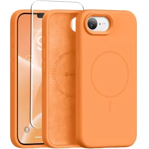 GONEZ Magnetic for iPhone 16e/17e Case, Silicone Cover Orange | Compatible with MagSafe, Screen Protector, Microfiber Lining, 3 Layers Soft Gel Rubber Shockproof Slim 6.1