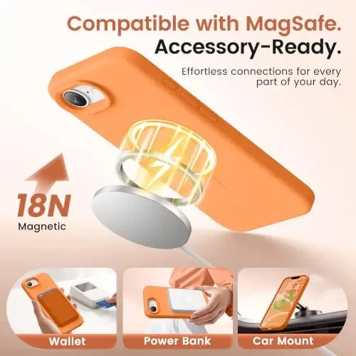 GONEZ Magnetic for iPhone 16e/17e Case, Silicone Cover Orange | Compatible with MagSafe, Screen Protector, Microfiber Lining, 3 Layers Soft Gel Rubber Shockproof Slim 6.1