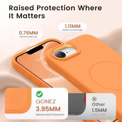 GONEZ Magnetic for iPhone 16e/17e Case, Silicone Cover Orange | Compatible with MagSafe, Screen Protector, Microfiber Lining, 3 Layers Soft Gel Rubber Shockproof Slim 6.1
