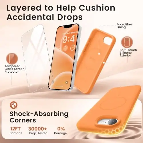 GONEZ Magnetic for iPhone 16e/17e Case, Silicone Cover Orange | Compatible with MagSafe, Screen Protector, Microfiber Lining, 3 Layers Soft Gel Rubber Shockproof Slim 6.1