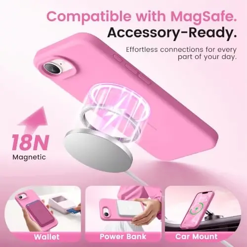 GONEZ Magnetic for iPhone 16e/17e Case, Silicone Cover Soft Pink | Compatible with MagSafe, Screen Protector, Microfiber Lining, 3 Layers Soft Gel Rubber Shockproof Slim 6.1